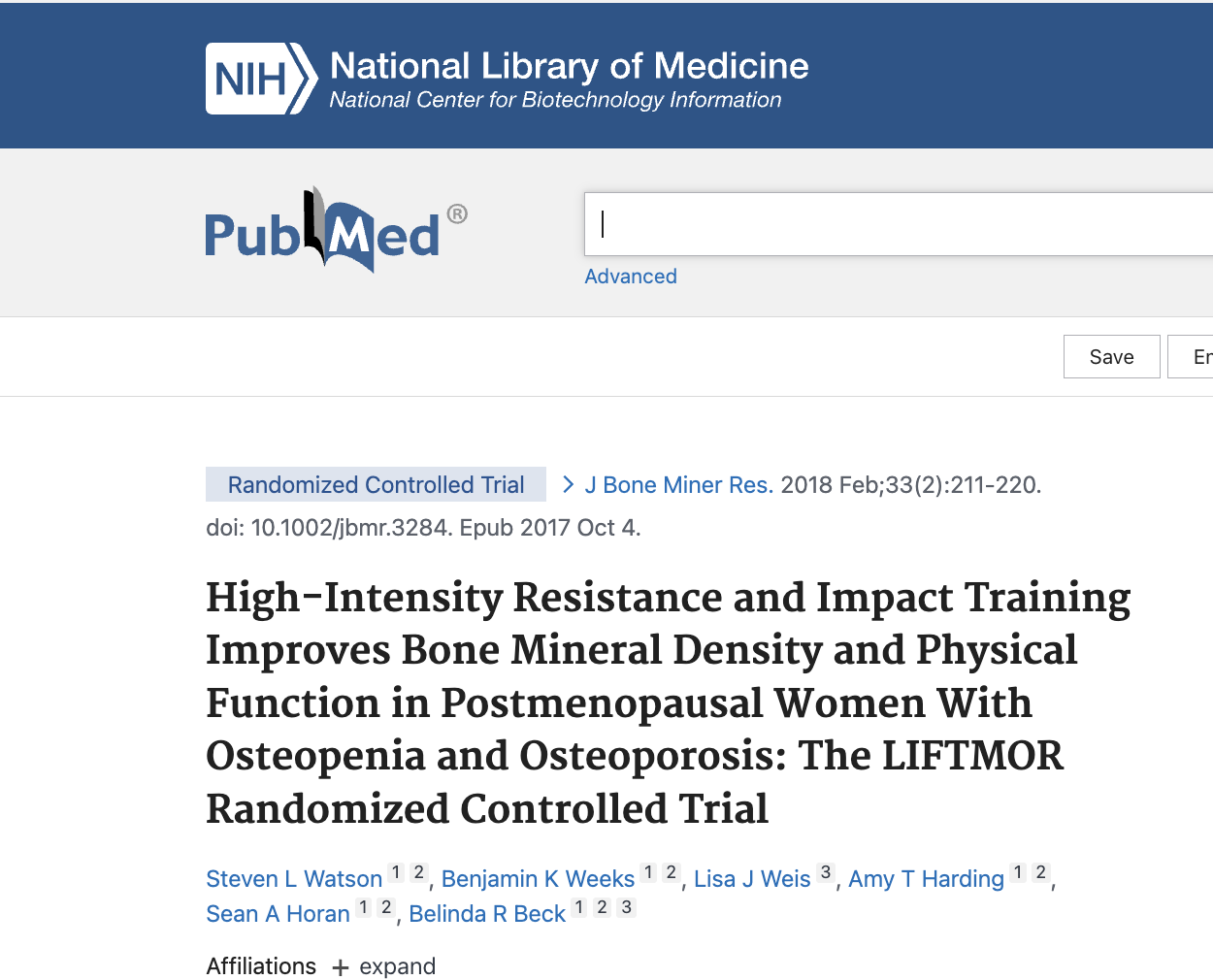 עמוד המחקר LIFTMOR ב-PubMed, Watson et al., Journal of Bone and Mineral Research 2018